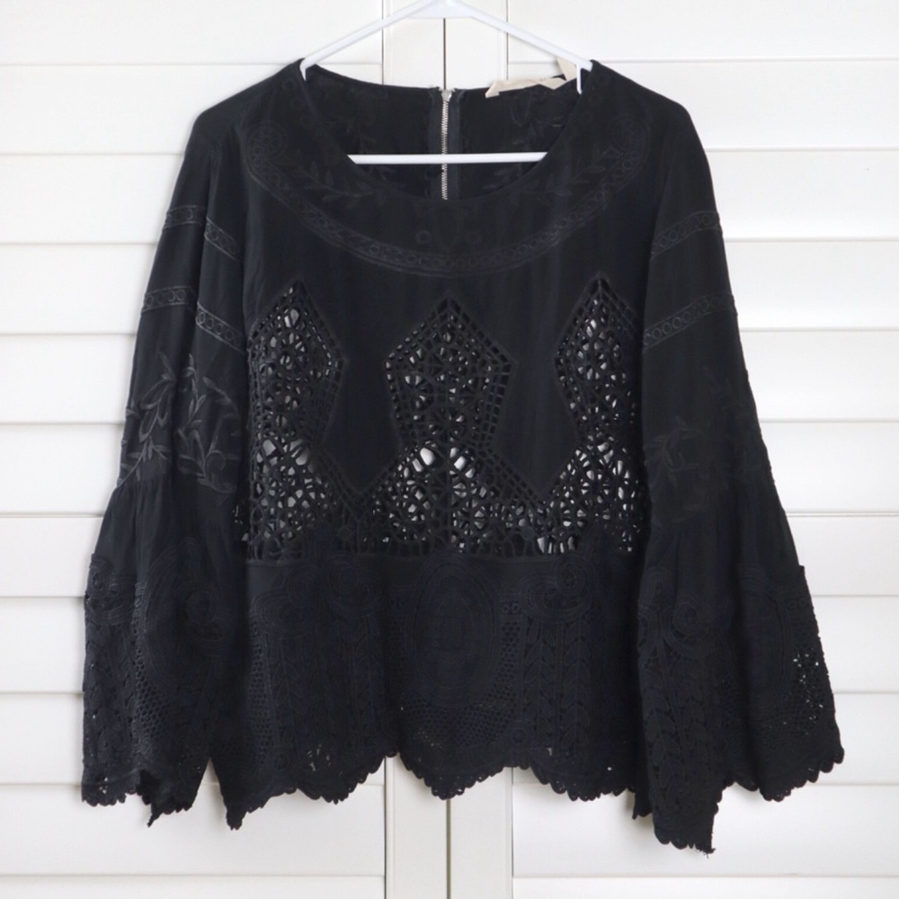 Soft Surroundings Crochet Embroidered Lace Blouse Black, size XS